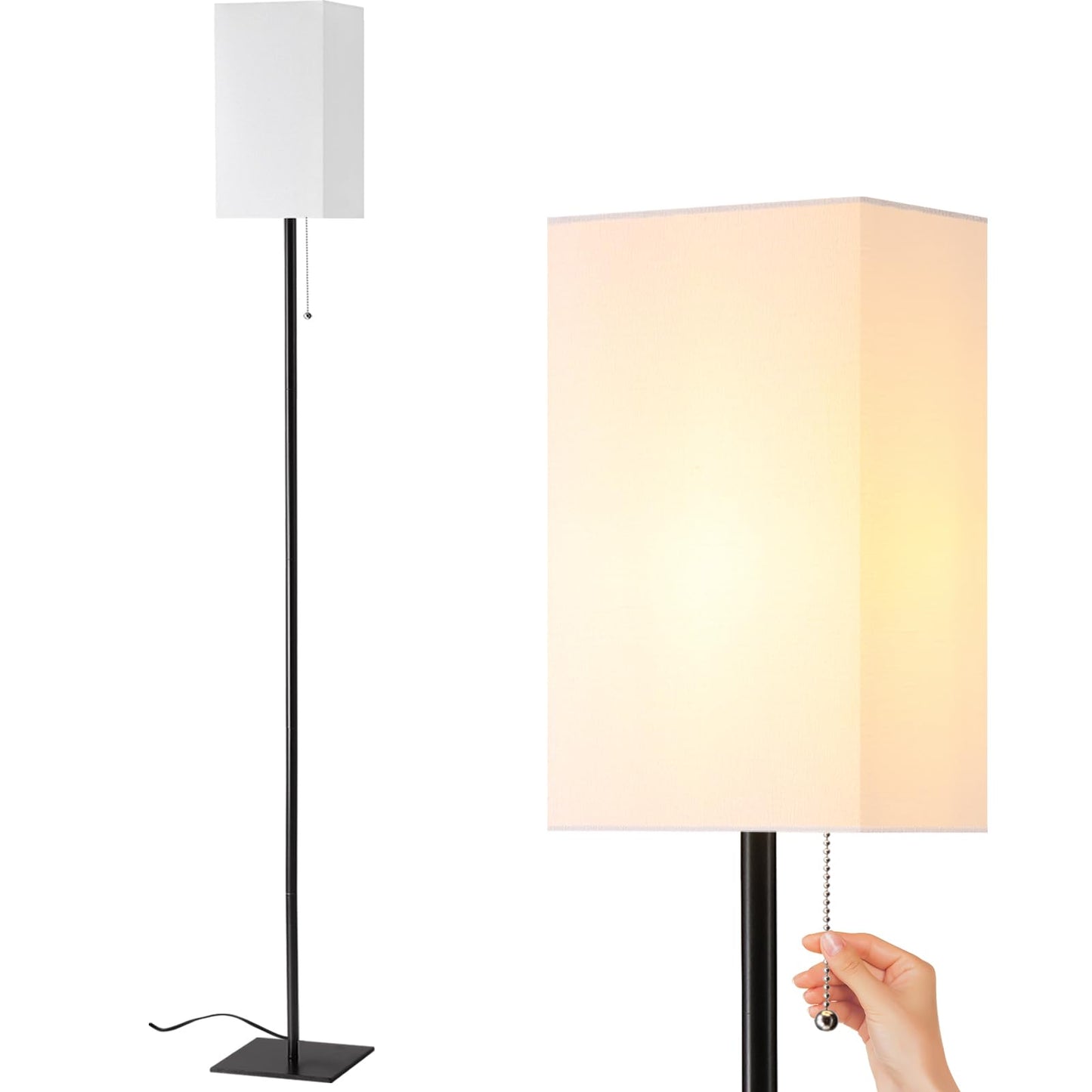 FIGDIFOR Modern Floor Lamp for Living Room, Tall Black Floor Lamp with Square Linen Shade, Pull Chain Switch and Stable Metal Base, Standing Lamp for Bedroom, Reading Nook and Office, Bulb Included