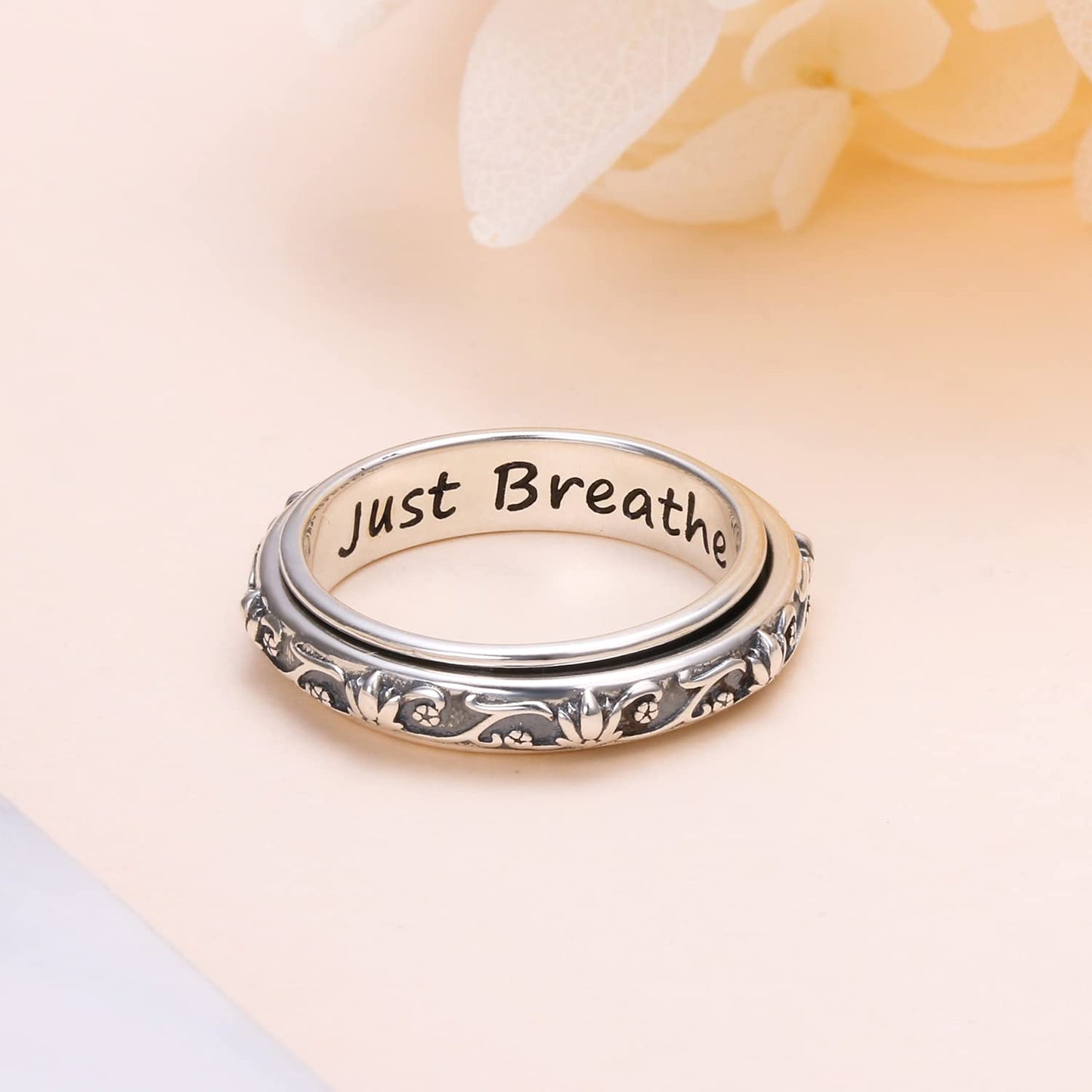 Ladytree Spinner Fidget Ring S925 Sterling Silver Lotus Flower Yoga Just Breathe Anxiety Worry Band Oxidized Stress Relieving Boredom ADHD Autism Rings for Women Men,Size 8
