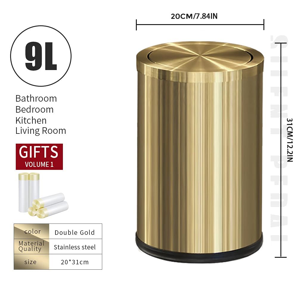 LEASYLIFE Small Trash can with Flipping lid, Stainless Steel, 2.4gallon,Garbage cans for Bathroom, Kitchen, Living Room. Metallic Gold (Singer)