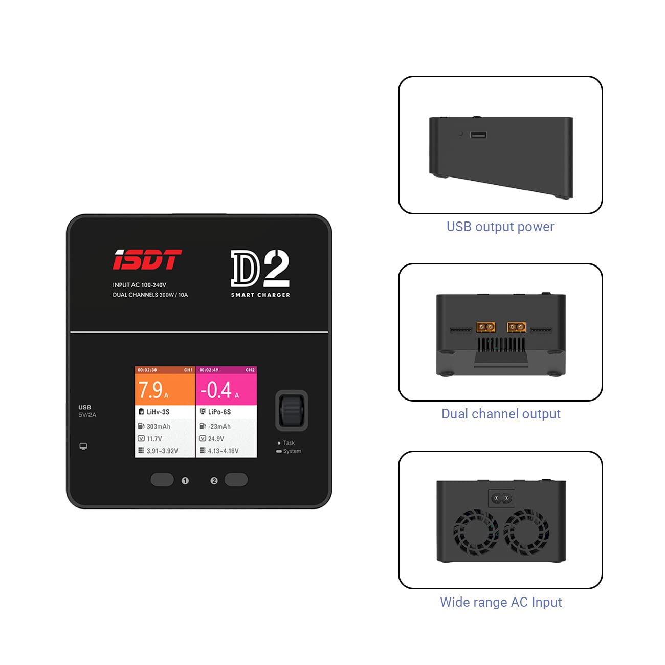 ISDT lipo Battery Charger D2 MK2 with AC 2x200W Dual Output Mode,Hobby Smart Lipo Charger Discharger for 1-6S Li-ion Life NiCd NiMH LiHV PB Smart Battery