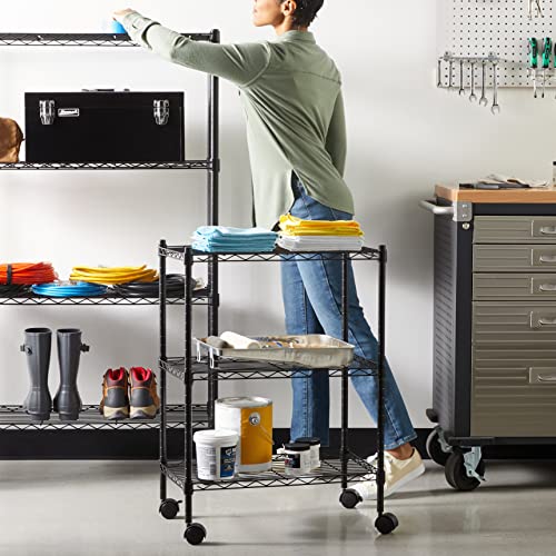 Amazon Basics 3-Shelf Adjustable, Heavy Duty Storage Shelving Unit on 2'' PP Plastic Wheel Casters, Metal Organizer Wire Rack, 23.2" L x 13.4" W x 32.75" H, Black