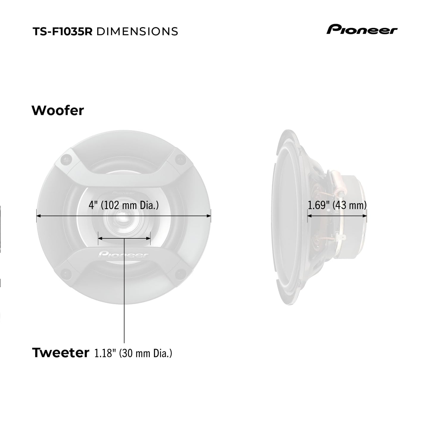 Pioneer TS-F1035R 2-Way Coaxial Car Audio Speakers - Full Range 4" Round Speakers, 150W Max Power (Pair)