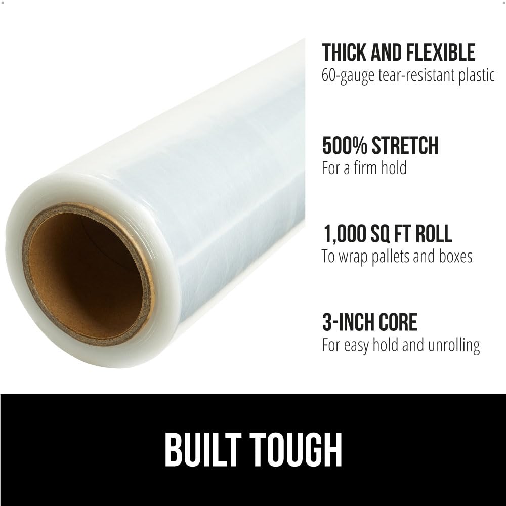 GORILLA GRIP 500% Stretch Film Heavy Duty Plastic, 1000ft Shrink Wrap Roll 24" Puncture Resistant, Industrial Strength for Shipping, Pallet Storing, Moving, Packing Furniture Protection 1 Pack Clear
