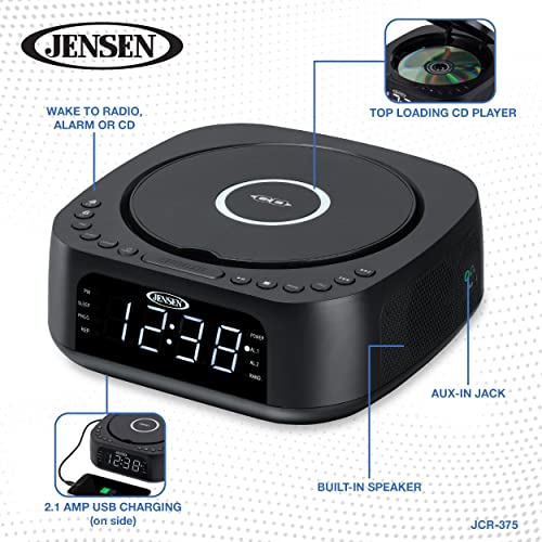 JENSEN JCR-375 Stereo Digital Dual-Alarm Clock with Top-Loading CD Player, FM Tuner, USB Charging Port, and Battery Backup