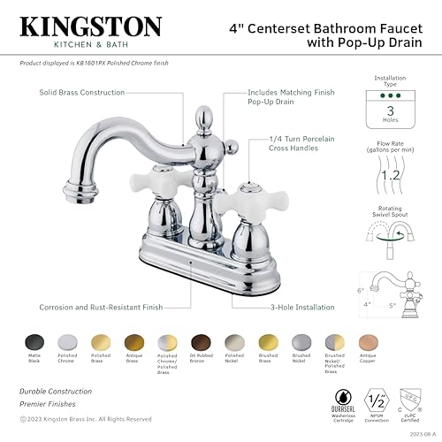 Kingston Brass KB1601PX Heritage 4-Inch Centerset Lavatory Faucet with Porcelain Cross Handle, Polished Chrome