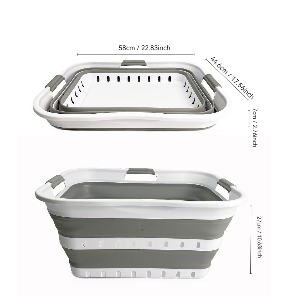 SAMMART 42L (11 gallon) Collapsible Plastic Laundry Basket - Foldable Pop Up Storage Container/Organizer - Space Saving Hamper/Basket (1, Grey/White)
