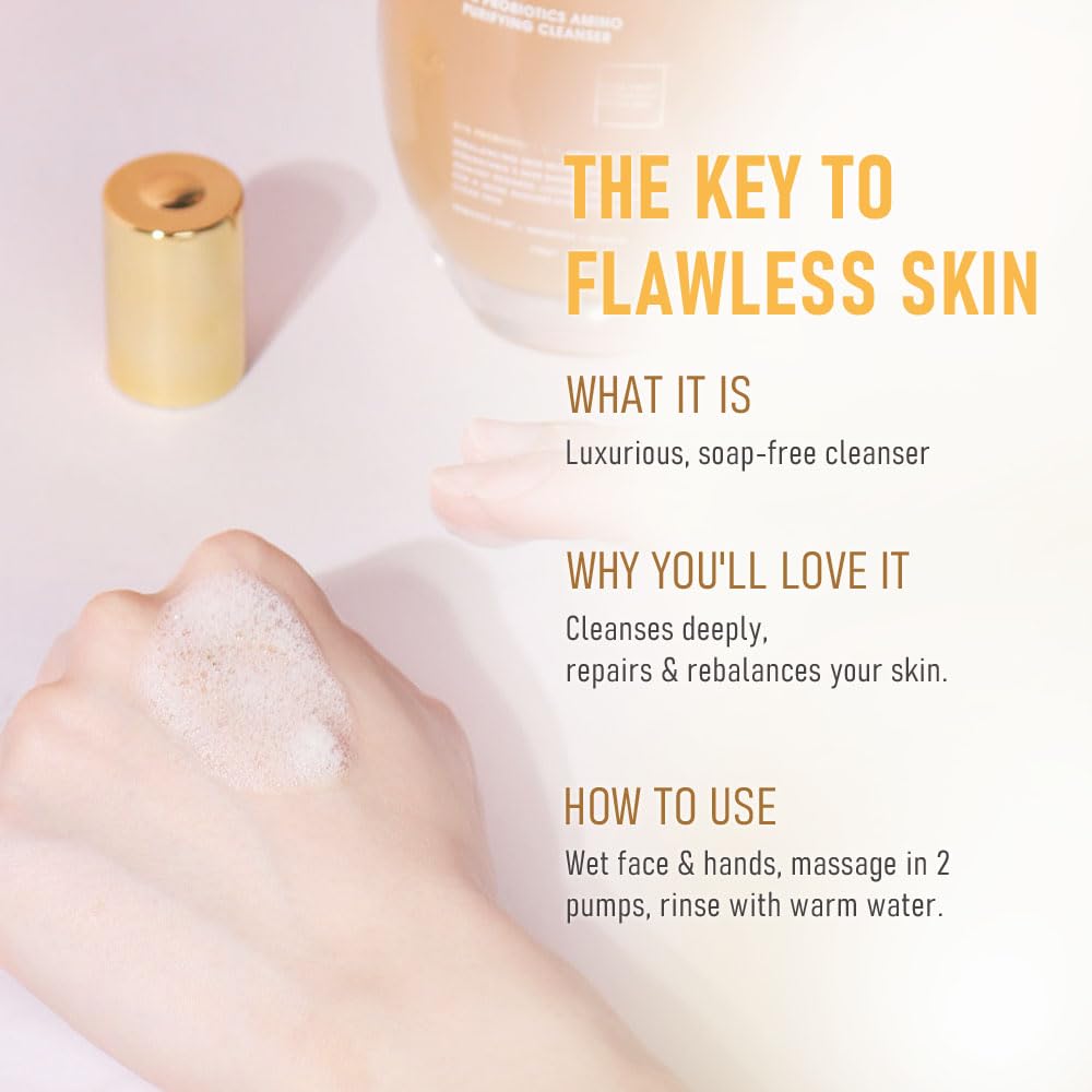 TRUU Probiotics Amino Purifying Cleanser – Ultra-Gentle Treatment with 51% Probiotics & 25% Amino Acids – Cleanses, UV Protection, Enhances Hydration & Elasticity for a Radiant, Youthful Glow | 5.3 Oz