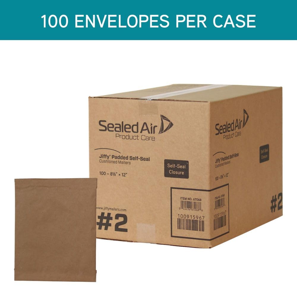 Sealed Air Jiffy Padded Shipping Mailers, Case of 100, Self Seal Heavy Duty Recycled Cushioned Mailing Envelope, #2-8.5" x 12", Kraft