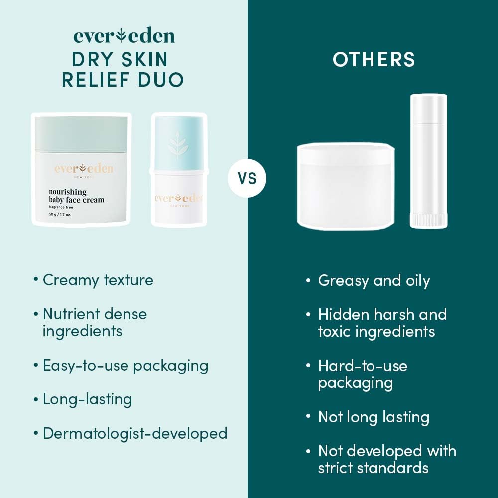 Evereden Dry Relief DUO - Baby Face Cream (1.7oz) & Baby Lip Balm (0.13oz) - Clean, Vegan, & Easy to Use Toddler Chapstick & Baby Cream Bundle for Deep Soothing Hydration - Non-Greasy & Fragrance-Free