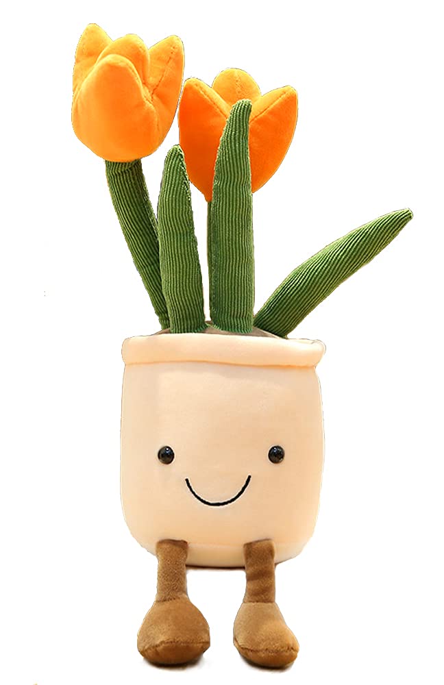 Tulip Plush Toy, 32cm Orange Flower Pot Stuffed Throw Plushie Pillow Doll, Soft Fluffy Plant Friend Hugging Cushion - Present for Every Age & Occasion
