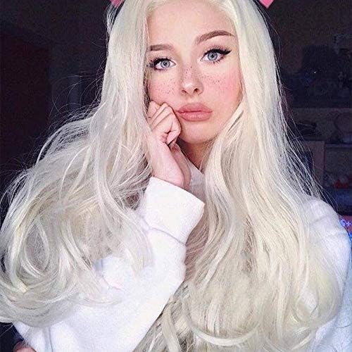 Xiweiya Blonde Lace Front Wig Long Body Wavy White Blonde Synthetic 13x4 Lace Front Wig 60# Platinum Blonde Half Hand Tied Heat Resistant Hair 180% Density Hair Replacement for Women Drag Queen 24inch
