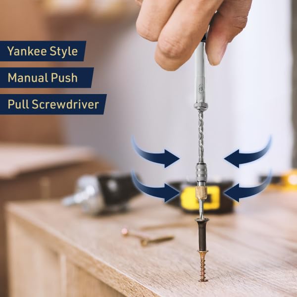 12" Yankee Screwdriver - Push Type Semi Automatic Screw Driver, 4.5mm and 5.5mm Double-Sided Philips/Flathead, PH3, and Size 7 Flat Head Bits with Quick Change Hex Chuck by Kings County Tools