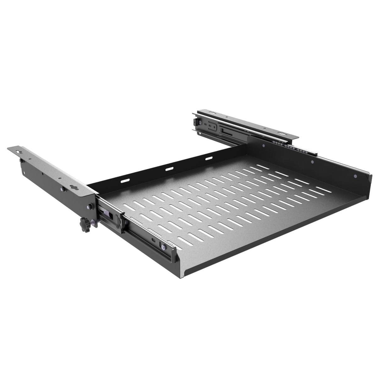 JINGCHENGMEI Sliding Under Desk Laptop Mount Shelf with Air Vents, W 16.3" x D 12" Metal Under Desk Slide Out Tray for Laptop (16 Inch Wide)