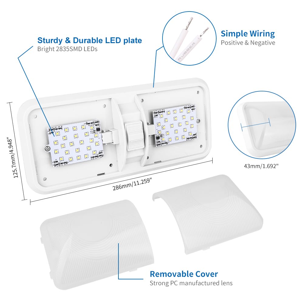 RVZONE 12V Led RV Ceiling 1100 Lumen Double Dome Light | RV Interior Lighting Fixture with ON/Off Switch for RV Trailer Camper Truck Van Boat Car (5 Pack Natural White 4000-4500K)