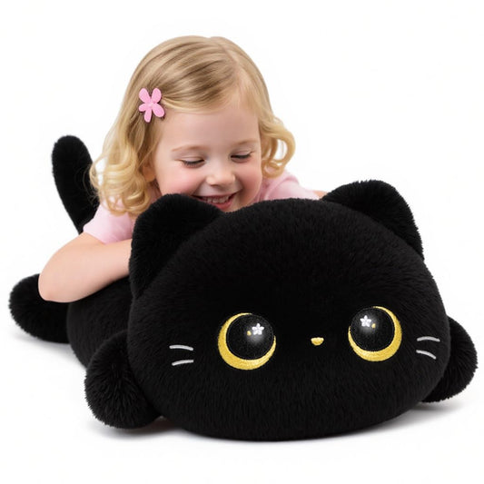 Cute Black Cat Plush Pillow, Kawaii Plushies Black Cat Stuffed Animals, Squishy Plushies, Cuddle Plush Pillow for Kids & Girls (20 Inch)