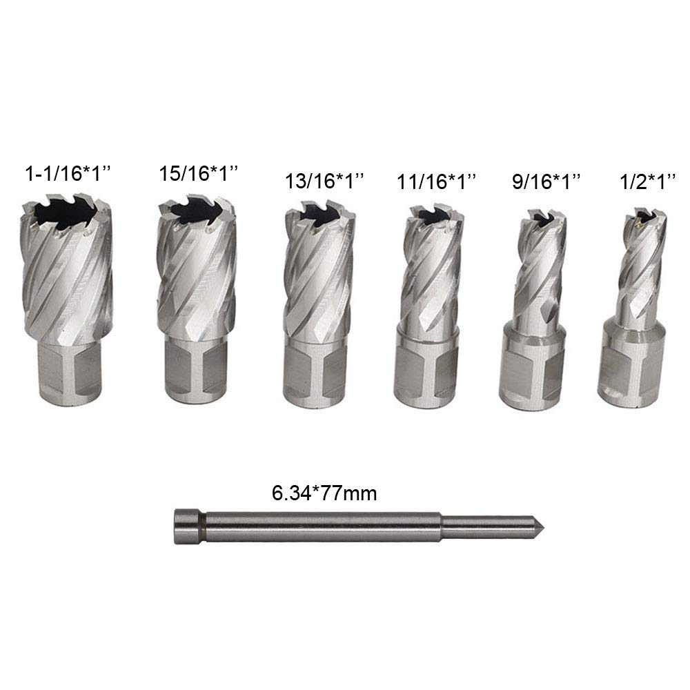 Annular Cutters Set 6pcs JESTUOUS 3/4 Inch Weldon Shank 1 Cutting Depth 1/2-1-1/16 Cutting Diameter Two Flat HSS Slugger Bits for Mag Drill Press with Pilot Pin