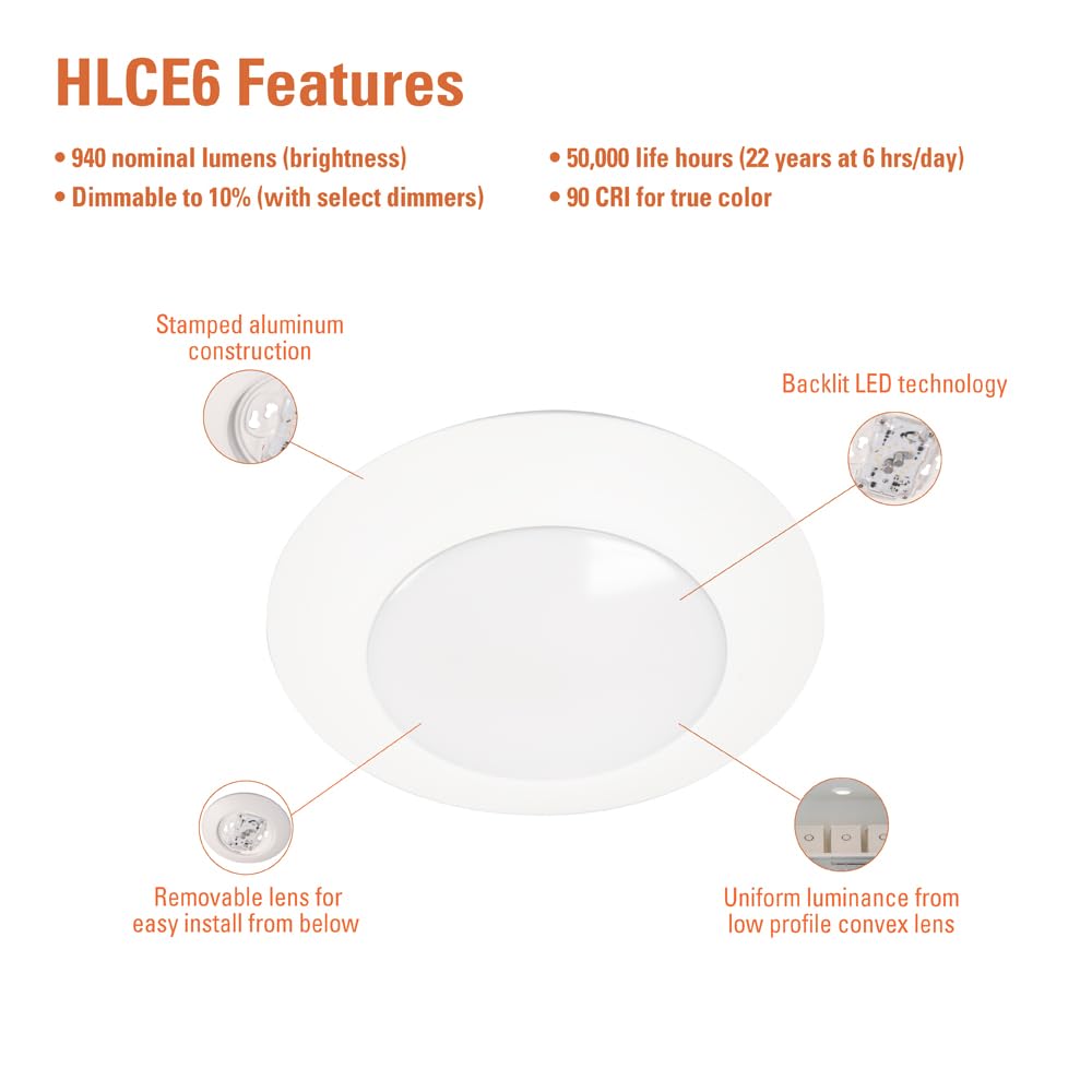 HALO HLCE 6 inch Integrated LED Recessed Disk Light, 3000K, 945 Lumens, 90 CRI, Title 20 California Compliant, 6-Pack