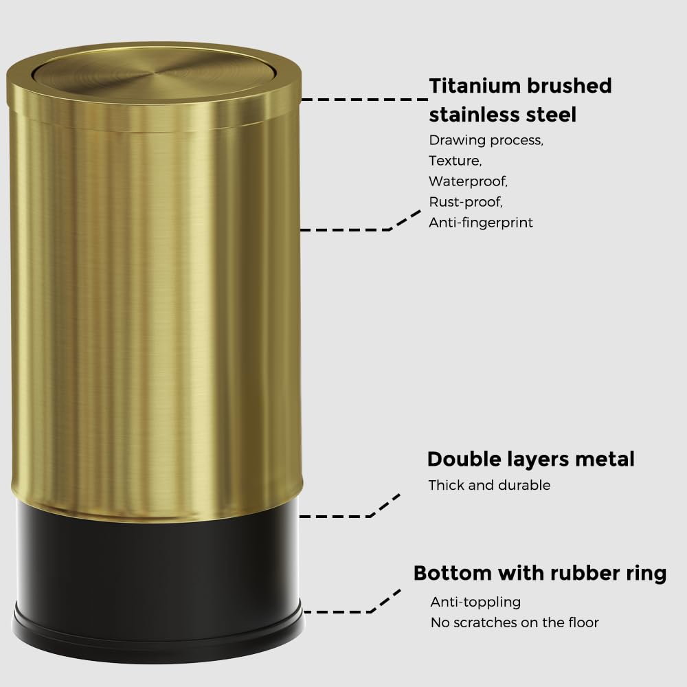 LEASYLIFE 9 Liter/2.4 Gallon, Small Gold Trash can with Swing lid, Brass Bathroom Trash can, Bedroom Garbage bin,Trash bin for Office, Living Room,Bathroom，Restaurant Bathroom