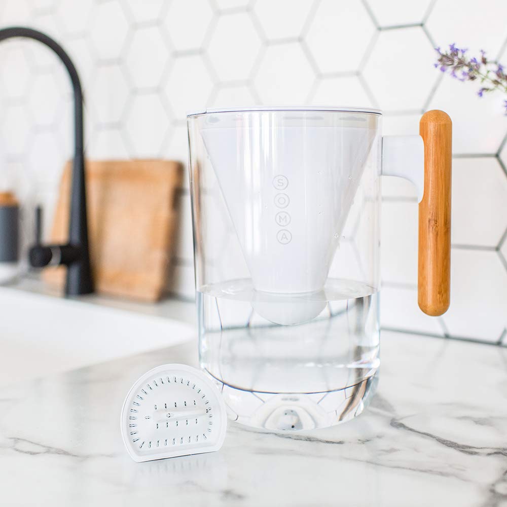 Soma by Full Circle 10-Cup Water Filter Pitcher - Beautiful Water Dispenser with Sustainable Bamboo Handle, Coconut Shell Activated Carbon Filter