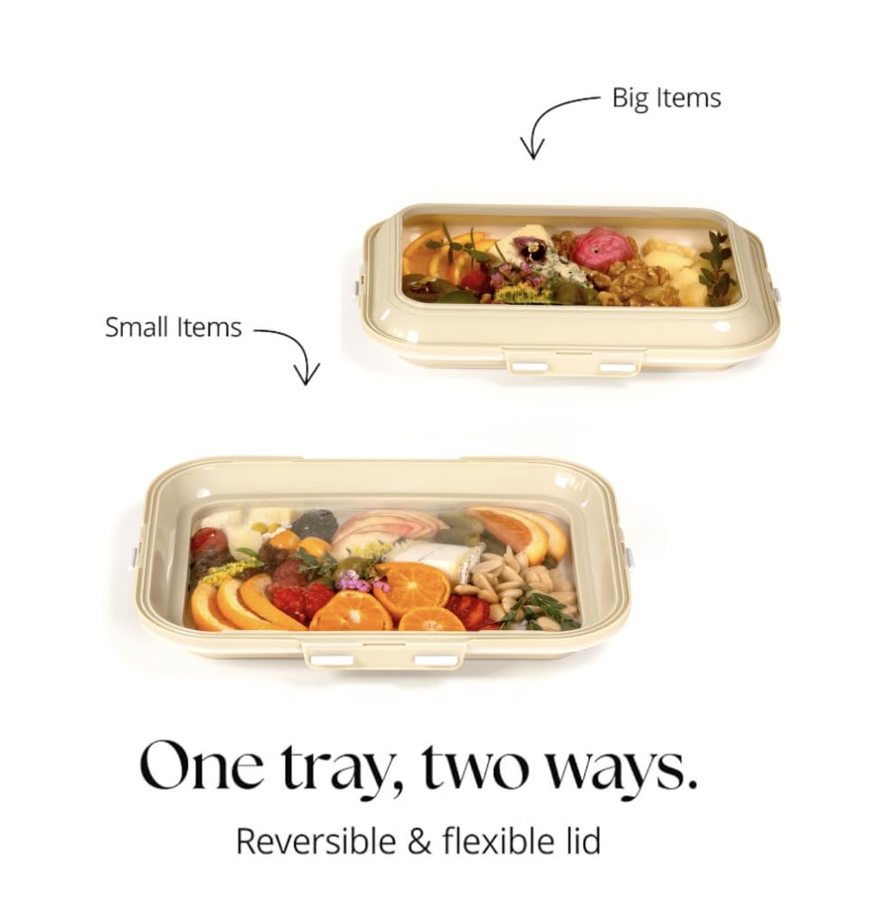 Crudités | Portable Snack Tray | Rectangle 2-Pack | Cream White | Reversible Stretch Lid Food Containers | BPA-Free, Freezer & Dishwasher Safe | Meal-Prep, Charcuterie, Salads, Picnic, Travel