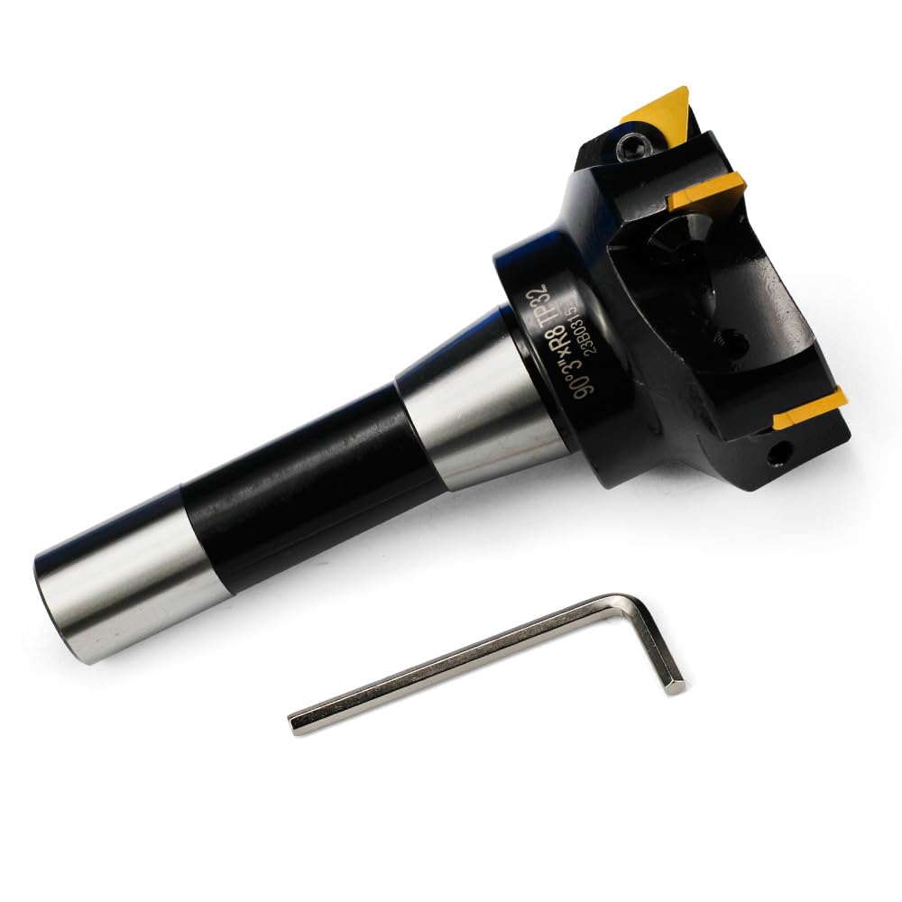 YUFUTOL Indexable End Mill with 5 Pcs TPCN32PDTR TPG32 Carbide Inserts, 3"Cutting Diameter, 90 Degree, R8 Shank, 5 Flutes