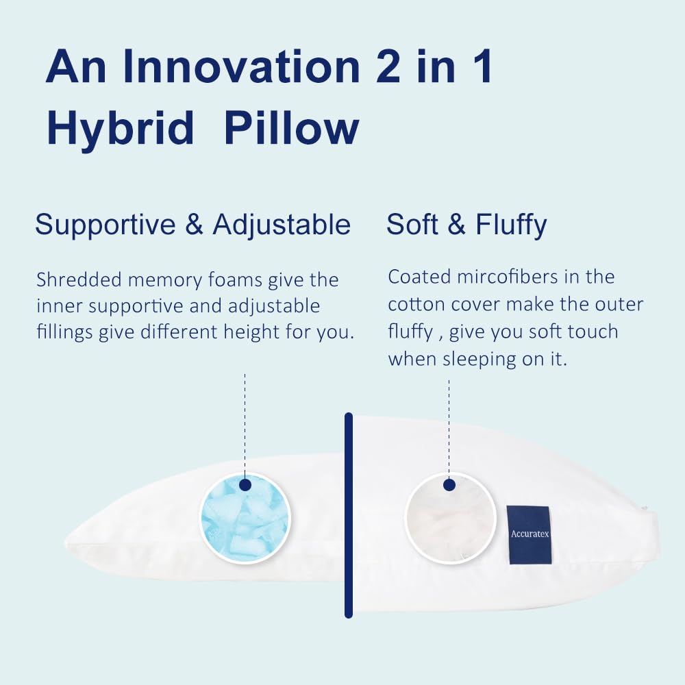 ACCURATEX Hybrid Pillow for Sleeping, Adjustable Shredded Memory Foam Pillow Core with Fluffy Down Alternative Fill Removable Cotton Cover,for Side,Back,Stomach Sleepers,King Size, 1 Pack