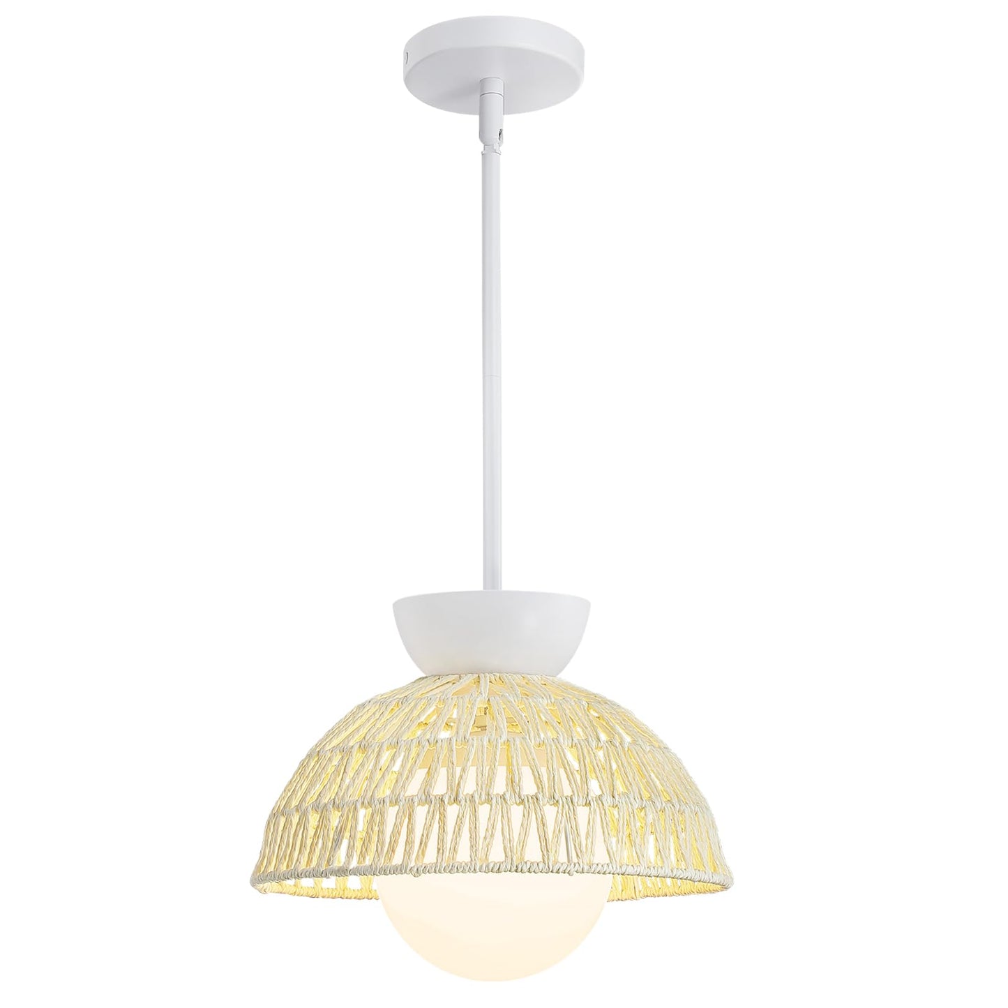 Pendant Light Kitchen Island - 11.8" Rattan Dining Room Light Fixtures over Table Hand-Woven Boho Pendant Light Fixtures with Milk Glass Globe, Adjustable Hanging Light for Bedroom Entryway Foyer