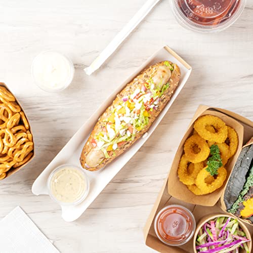 Restaurantware Bio Tek 11.8 x 2 x 1.3 Inch Hot Dog Trays 200 Open-Design Hot Dog Containers - Greaseproof Recyclable Kraft Paper Hot Dog Serving Trays