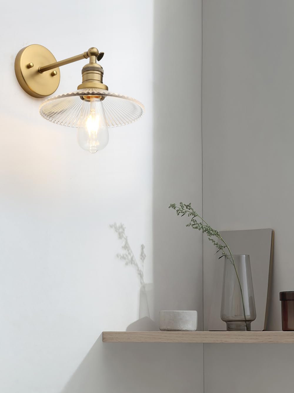 JIMUBEAM Industrial Vintage Wall Sconce 1-Light with Funnel Ribbed Clear Glass Shade, Indoor Wall Mounted Lamp Fixture for Living Room Bedroom Bathroom Over Kitchen Sink