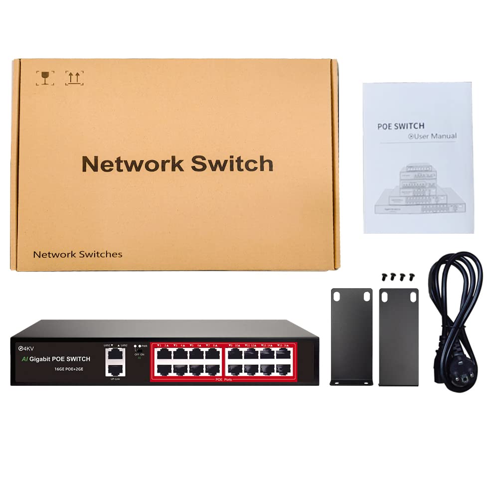 STEAMEMO 16 Port Gigabit PoE Switch, Smart Managed Gigabit Ethernet Switch, 16 PoE+ Ports@240W, Plug and Play, Vlan, Fanless, Desktop or Rackmount, Overload Protection w/ Port