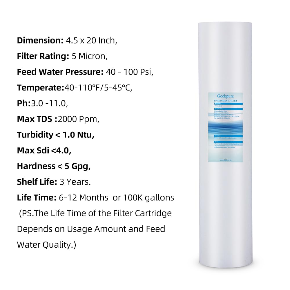 Geekpure 20-Inch Whole House Polypropylene PP Sediment Filter-4.5" x 20"-5 Micron