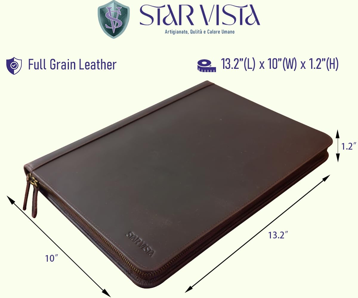 STAR VISTA Flamingo Full Grain Cowhide Leather Portfolio Padfolio, Folder with Dual YKK Zippers, Notebook Binder for A4/Pad, Sleeve for 13" Tablet & 6.8" Phone, Business, Meeting or Travel Mate