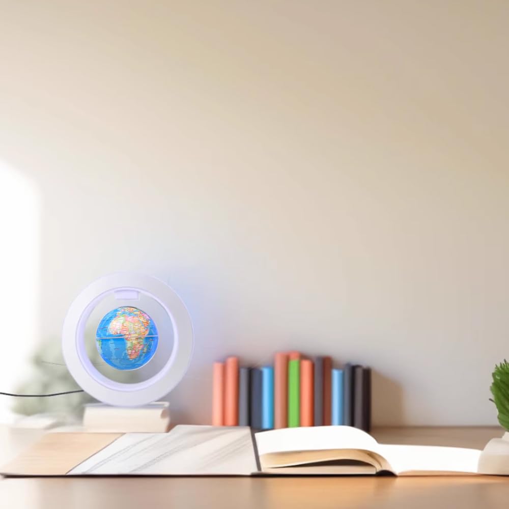 Magnetic Floating Globe, Magnetic Levitating with LED Light O Shape Frame Self-rotating Desk Gadget Decor Floating Globes World, 4inch (Light Blue)