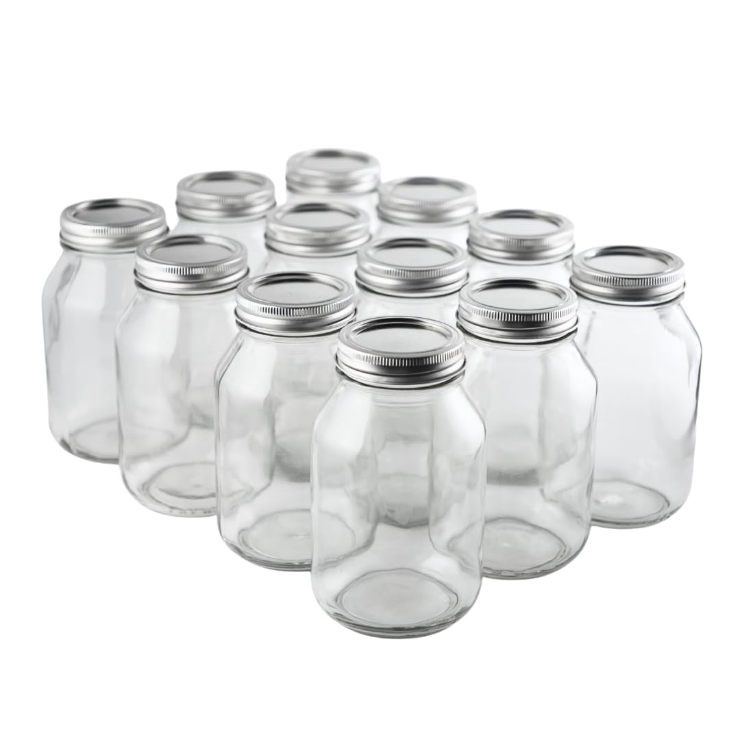 FastRack 32 oz Regular Mouth Mason Jars with Lids – Pack of 12 Quart Canning Jars for Food Storage, Pickling, Fermentation, Crafts – Reusable Airtight Large Glass Mason Jar with 1 Black Cap Gripper