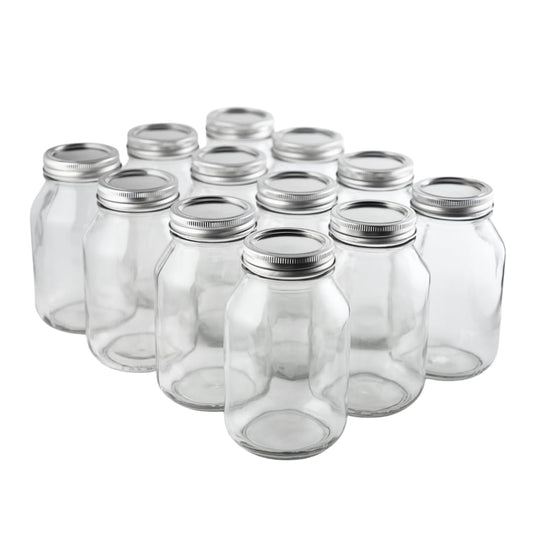 FastRack 32 oz Regular Mouth Mason Jars with Lids – Pack of 12 Quart Canning Jars for Food Storage, Pickling, Fermentation, Crafts – Reusable Airtight Large Glass Mason Jar with 1 Black Cap Gripper