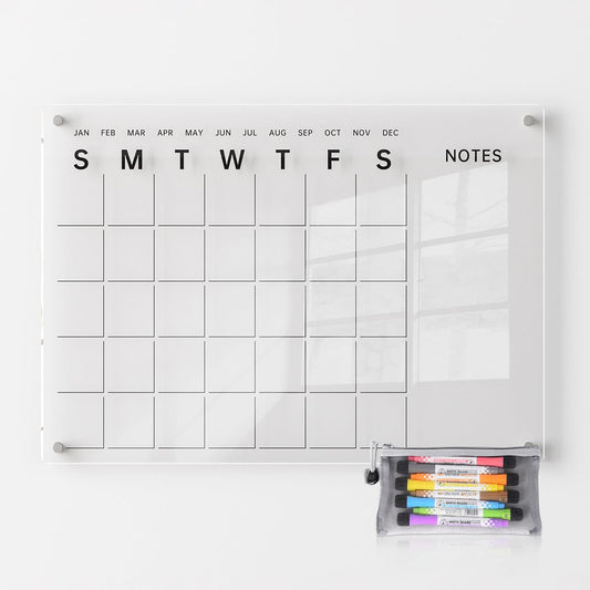 24x16 Acrylic Wall Calendar with Black Print - Medium Dry Erase Planner, 8 Markers, Eraser & Mounting Kit - Ideal for Home, Office, Classroom