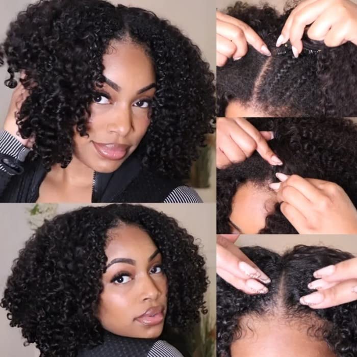 Nadula V Part Kinky Curly Wigs Human Hair No Leave Out Upgraded U Part Wigs for Women Affordable 4C Afro Curly Vpart Wigs Clip in Half Wig Beginner Friendly 150% Density Natural Color 18inch