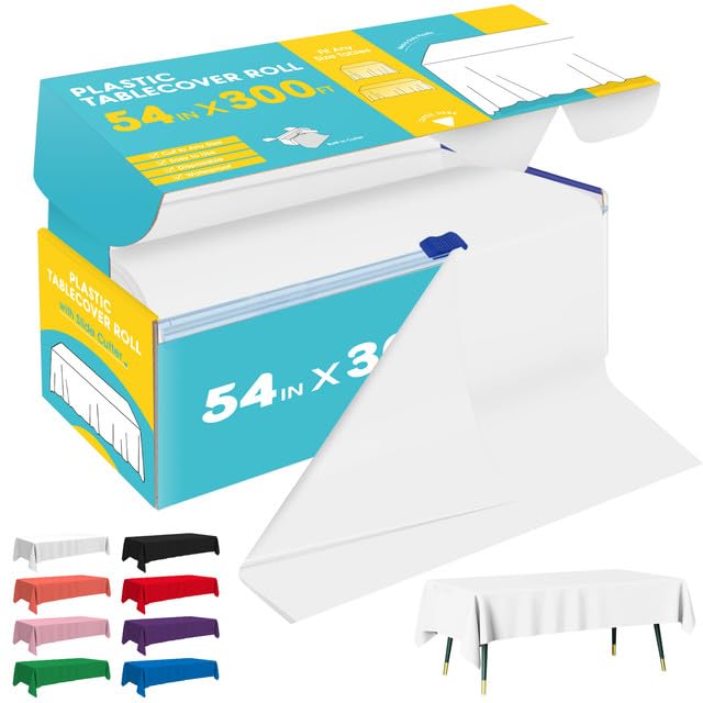 Niuara White Plastic Table Cover Roll - 54IN x 300FT, Table Cloth for Rectangle Table with Slide Cutter, Plastic Table Cloth Disposable with Cut-to-Size Design for Weddings, Banquets, Parties