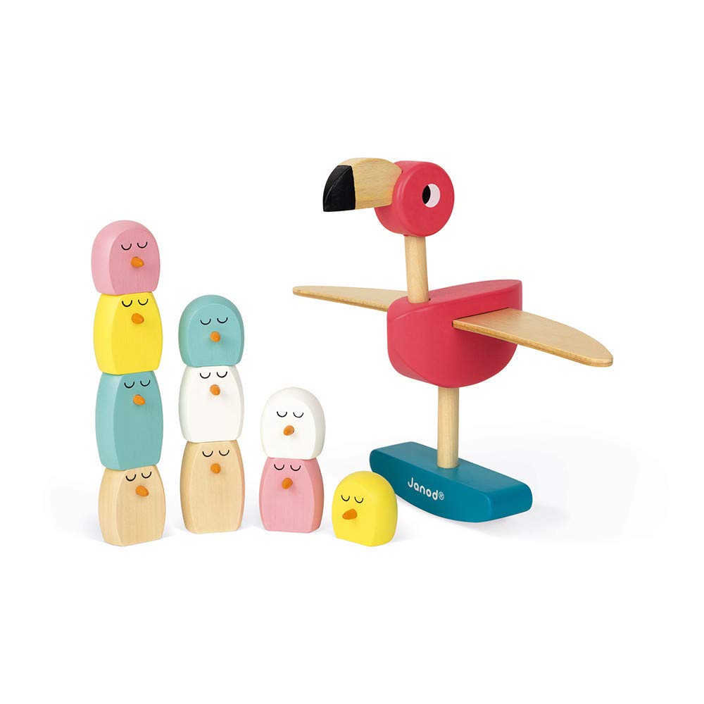 Janod - Flamingo Balancing Game - Wood - Fine Motor Skills Development Game - Early-Learning Toy - Creative and Imaginative - for Toddlers - from 3 Years + - Multilingual - J08230.