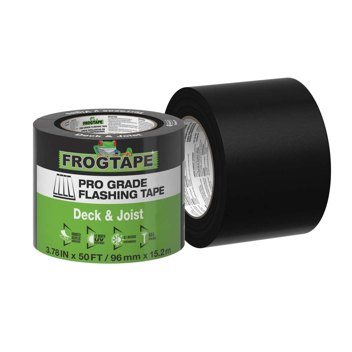 FrogTape Pro Grade Deck and Joist Flashing Tape - 4 Inch Width (3.78 in. x 50 ft) - All Weather & UV Resistant Linerless Tape for Decking, Wood, Beams with Advanced Acrylic Adhesive - 13 mils - Black