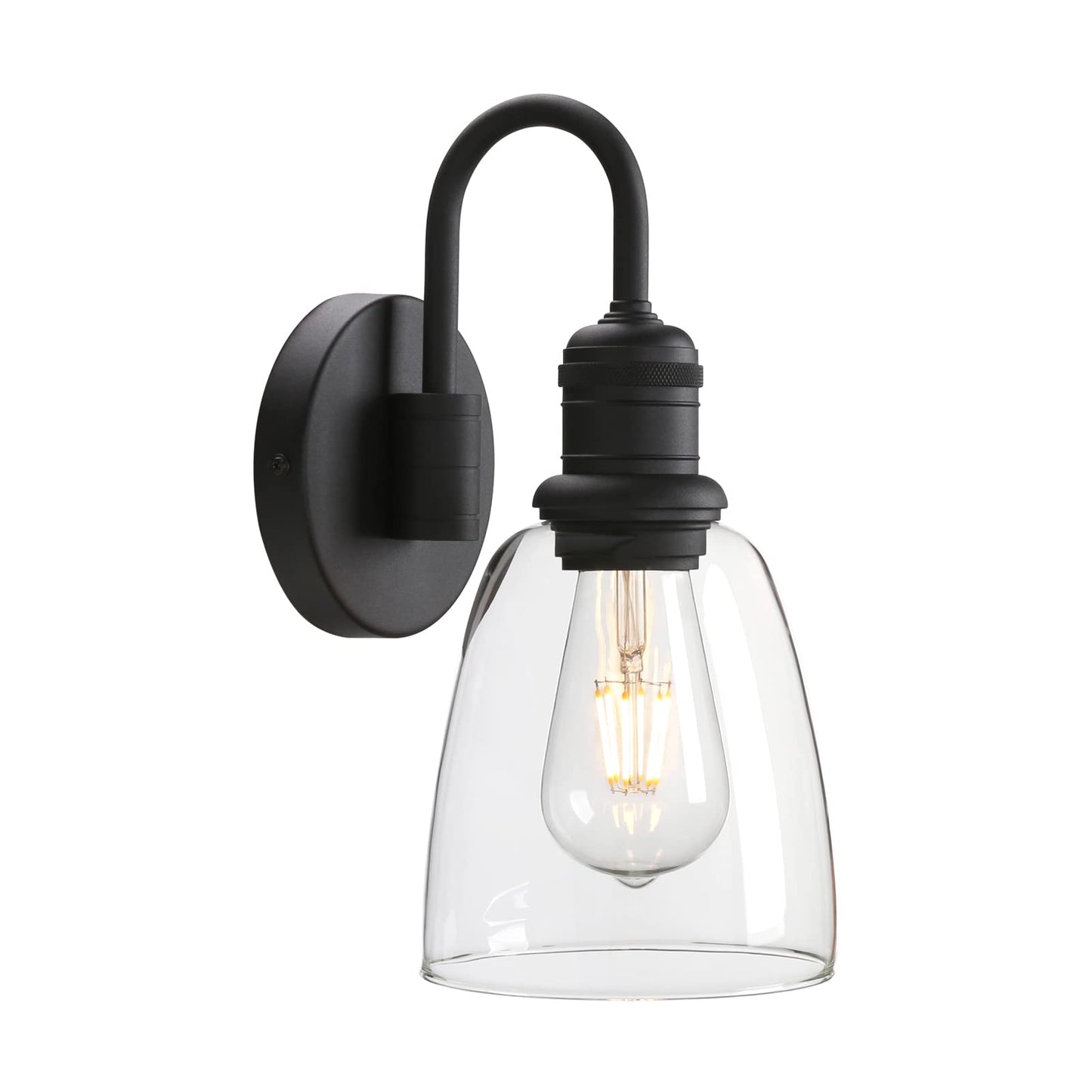 JIMUBEAM 1-Light Vintage Gooseneck Wall Sconce Lamp with Cloche Clear Glass Shade, Industrial Indoor Wall Light Fixture for Bathroom Living Room Bedroom Over Kitchen Sink