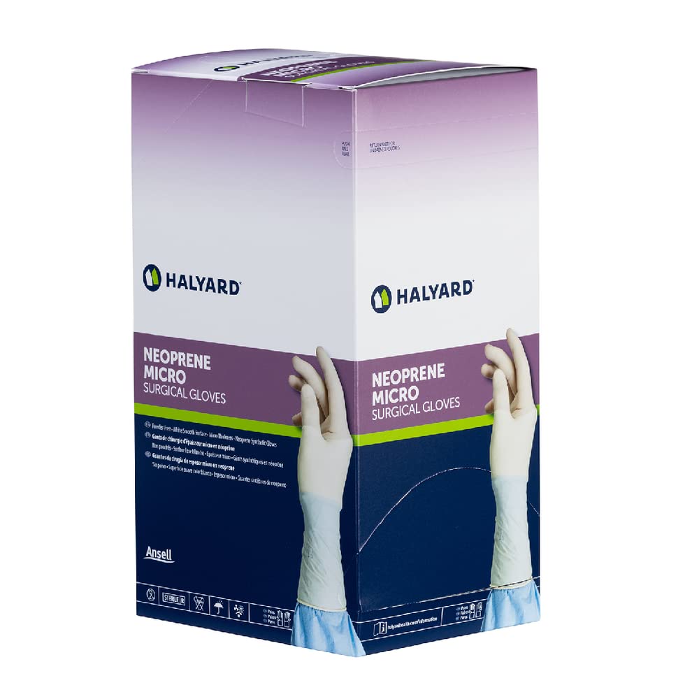 HALYARD Micro Surgical Gloves Sterile Neoprene Individually Wrapped Pairs Powder Free Medical Disposable Gloves, 5.9 mil, Size 7.5 Medium, Cream, SGL85075 (Box of 50 Pairs - 100 Total)