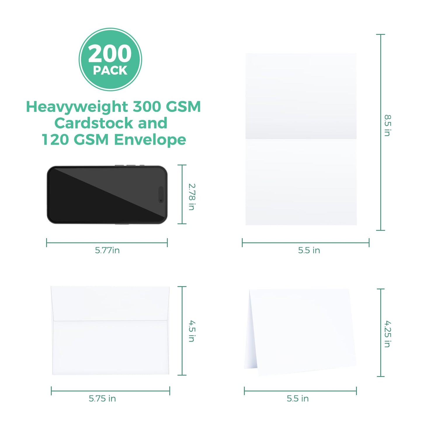 Ohuhu Blank White Cards and Envelopes 200 Pack - 4.25" x 5.5" Heavyweight Folded Cardstock and A2 Envelopes for DIY Greeting Cards Wedding Birthday Invitations Baby Shower Thank You Cards and More
