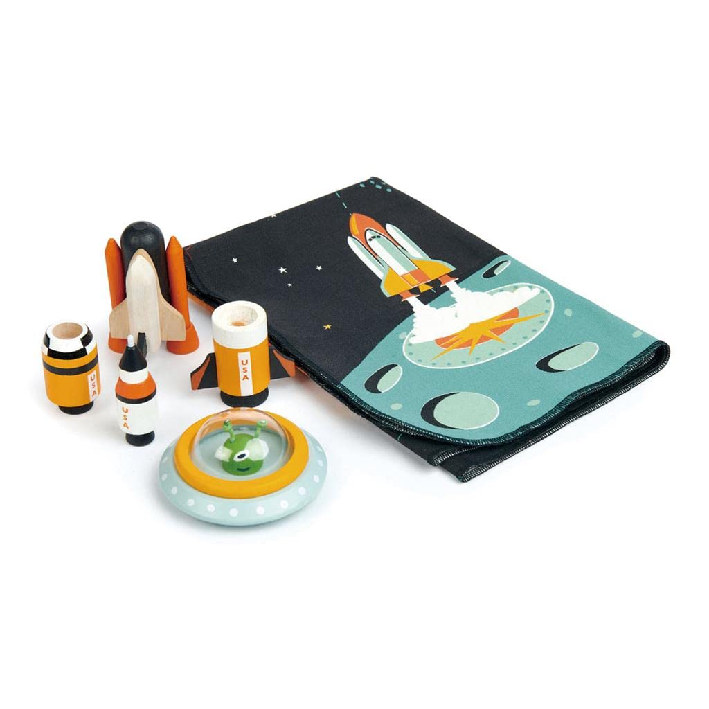 Tender Leaf Toys - Space Adventure - 7 Pieces Wooden Rocket and Outer Space Themed Playmat Set - Develop Imaginative Role Play and Science Interest for Children 3+