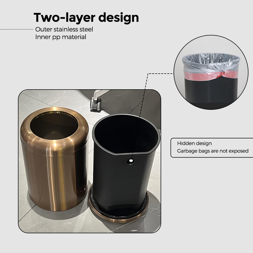 LEASYLIFE 8L/2.1gal Brushed Nickel Gold Trash Can, Rose Gold, Brass for Bathroom, Powder Room, Bedroom, Office