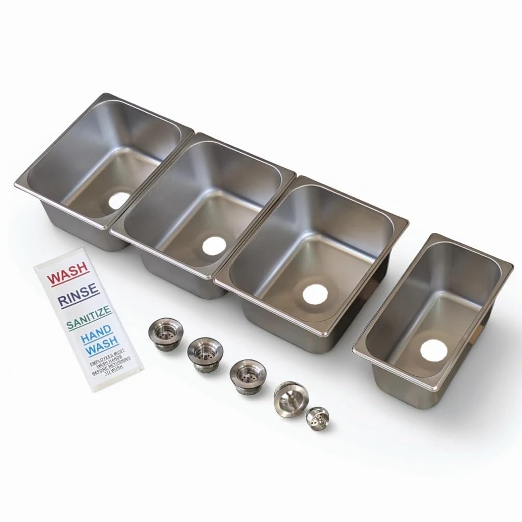 4-Compartment Drop-in Stainless Steel Concession Sink Kit, 12.75x7x6 inches (Large sink bowl), 12.75x10.5x6 inches (small sink bowl), with Strainers and Waterproof Safety Labels