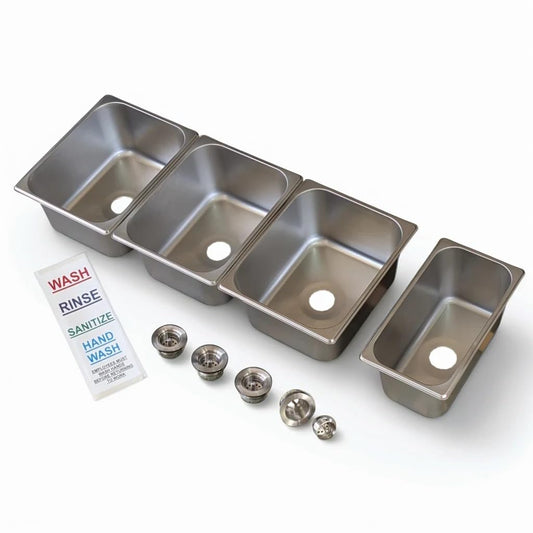 4-Compartment Drop-in Stainless Steel Concession Sink Kit, 12.75x7x6 inches (Large sink bowl), 12.75x10.5x6 inches (small sink bowl), with Strainers and Waterproof Safety Labels