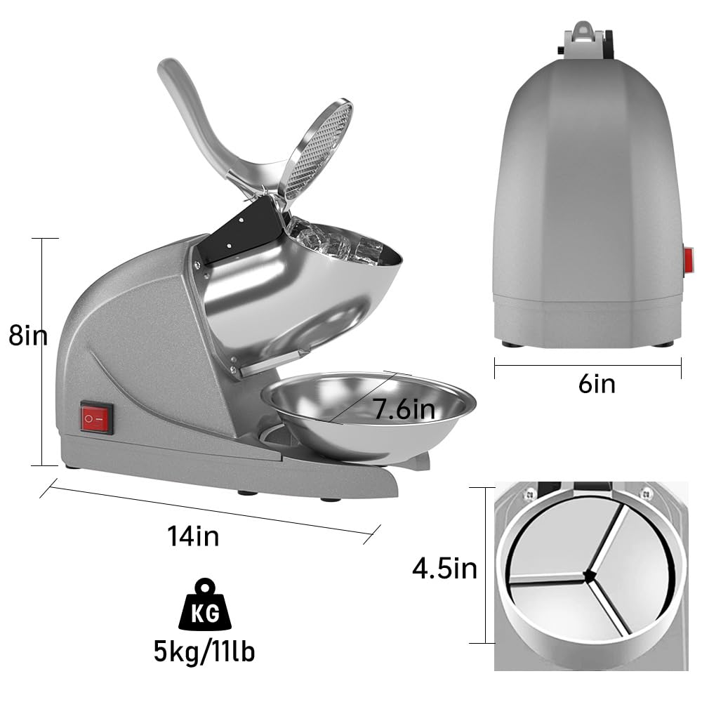 OKF Ice Shaver Prevent Splash Snow Cone Machine, Electric 3 Blades Shaved Ice Machine, 380W Ice Shaver Machine, 286lbs/hr Ice Crushers for Home Use, Ice Shaver Machine Electric, Ice Crusher (Silver)