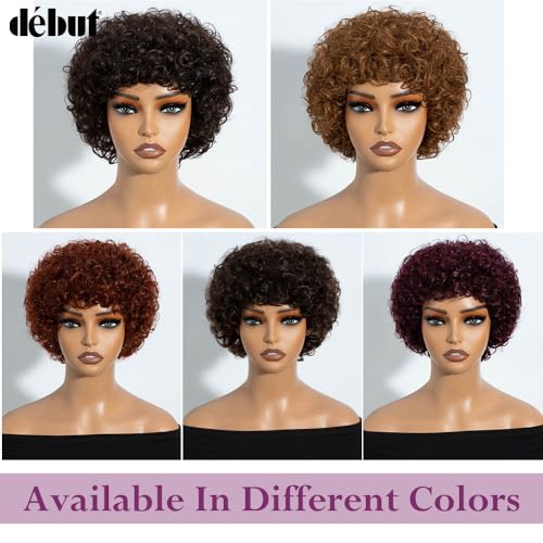 DÉBUT Short Curly Wigs with Bangs 100% Human Hair Afro Curly Glueless Wigs for Women Loose Curls Wear&Go Non Lace Front Wig (Medium Brown)