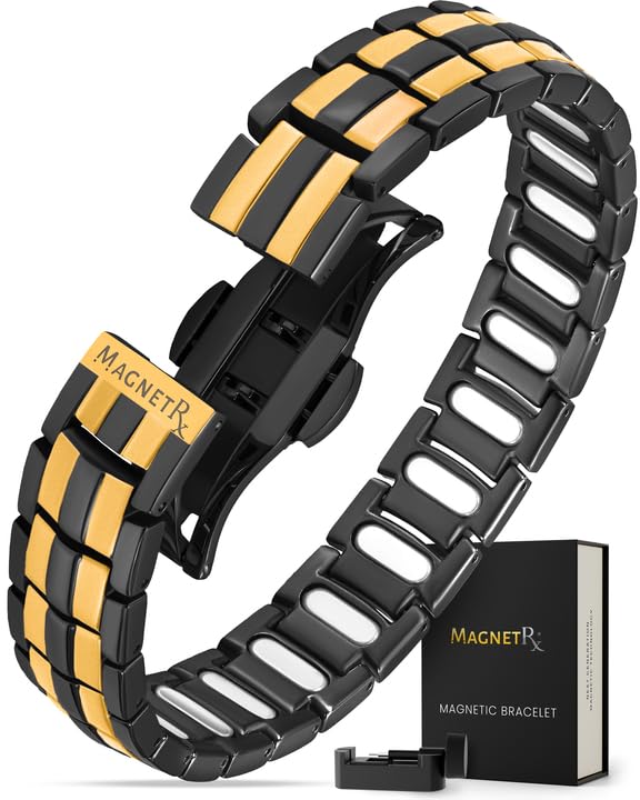 MagnetRX® Magnetic Bracelets for Men — EllipseMAX 5X Strength 5,000 Gauss Magnets — Designed in USA & Patent Pending — Premium Titanium Mens Magnetic Bracelet & Adjustable Length (Black/Gold)